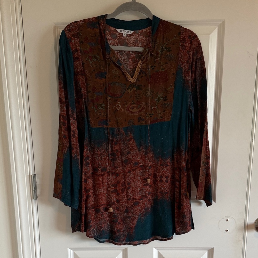 Benares Women's Teal and Rust Boho Blouse Size Small V-Neck with pockets
